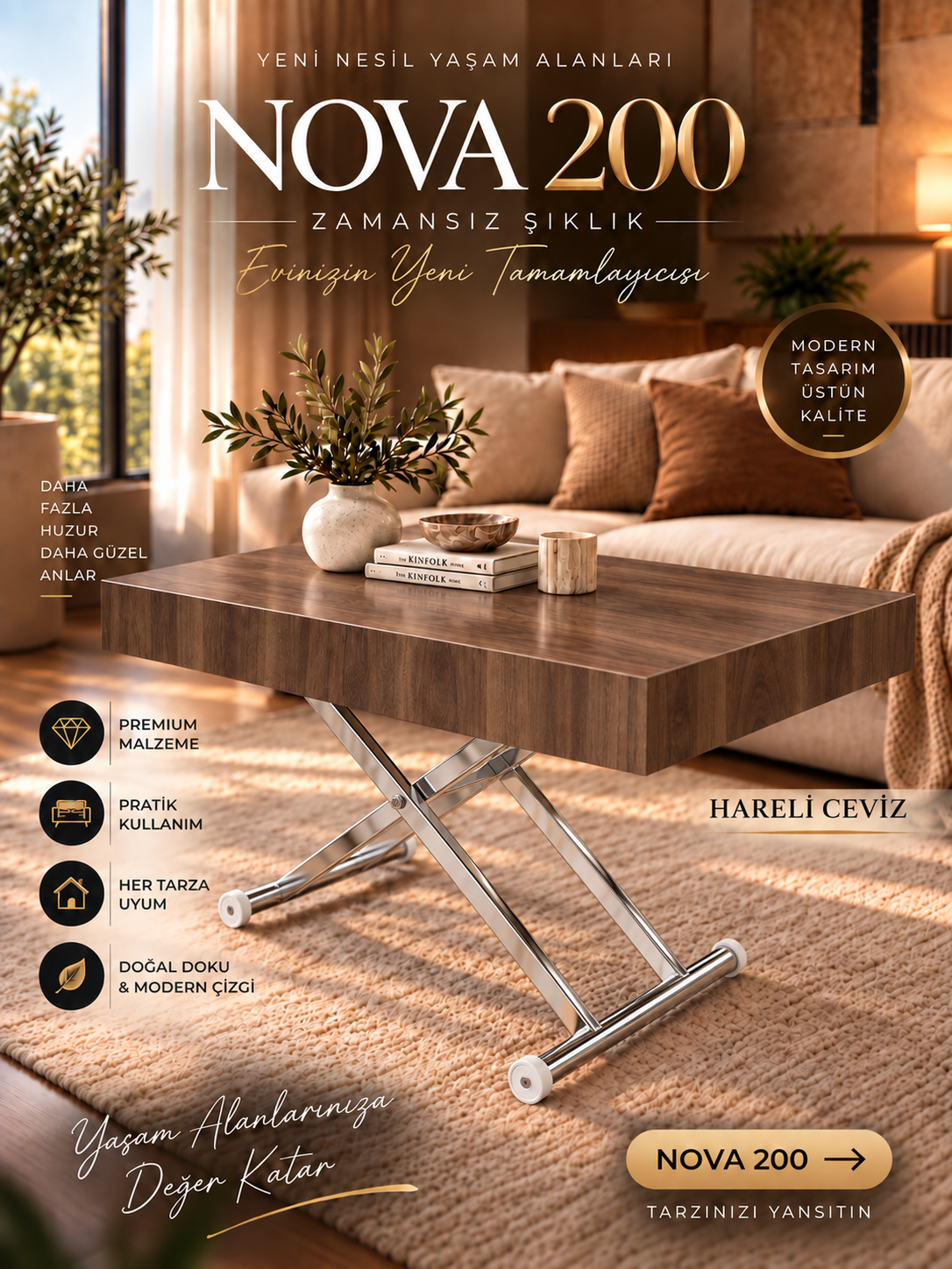 Oval Side-Opening Smart Table | Travertine MDF & Black