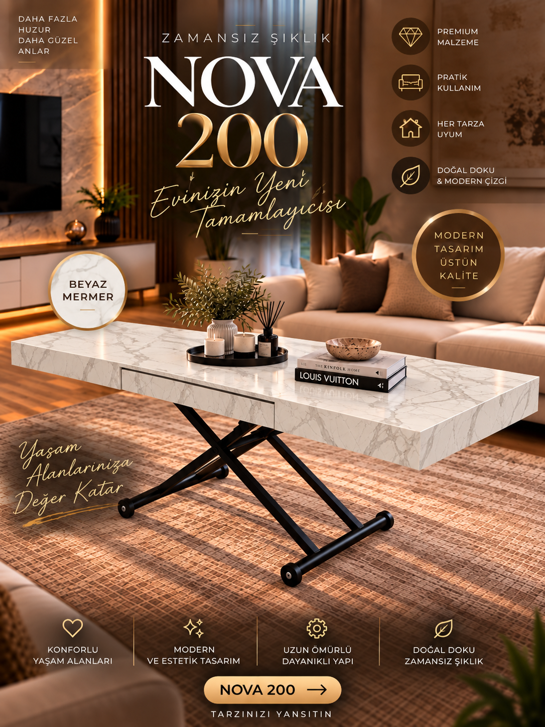 Oval Side-Opening Smart Table | Travertine MDF & Black