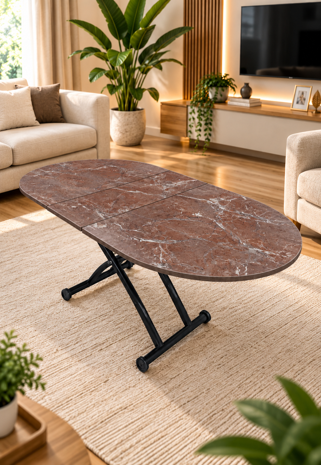 Ortadan Açılır Oval Akıllı Masa | VişneMermer MDF & Siyah