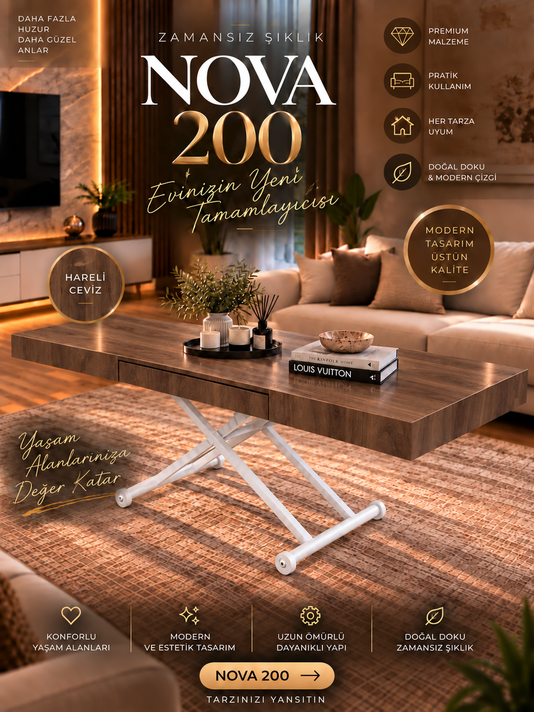 Oval Side-Opening Smart Table | Travertine MDF & Black