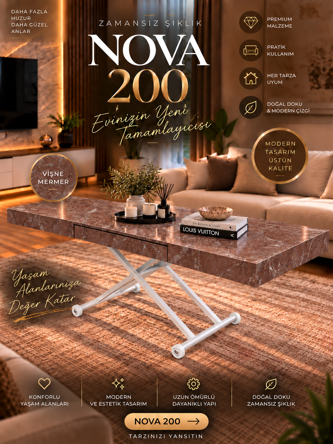 Oval Side-Opening Smart Table | Travertine MDF & Black
