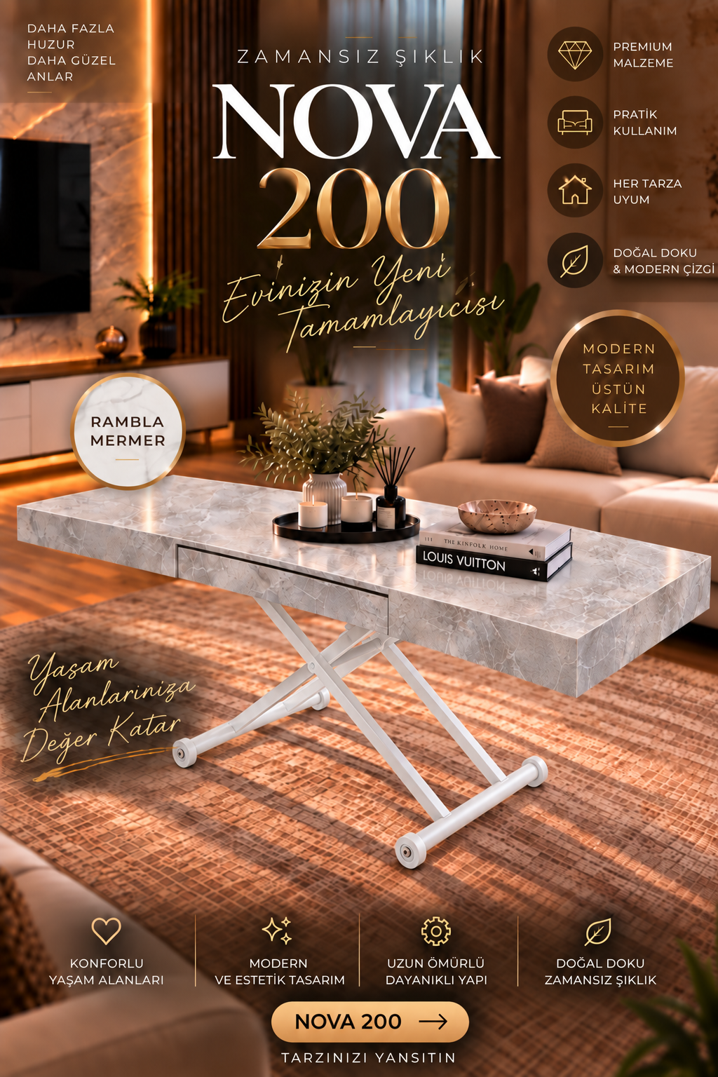 Oval Side-Opening Smart Table | Travertine MDF & Black