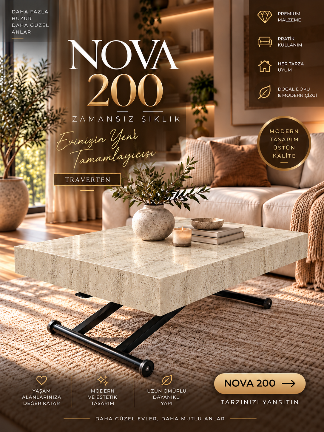 Oval Side-Opening Smart Table | Travertine MDF & Black