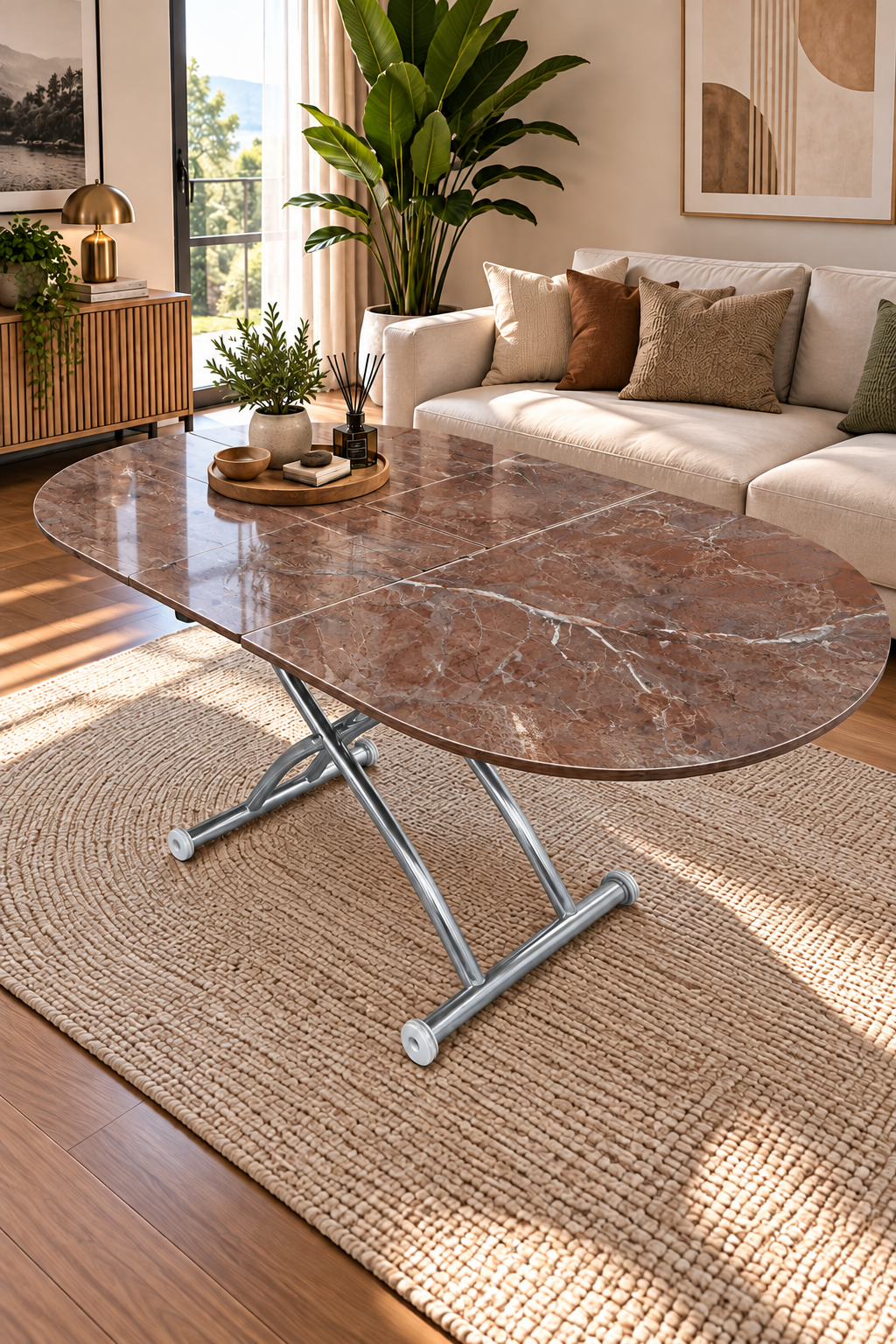 Ortadan Açılır Oval Akıllı Masa | VişneMermer MDF & Krom