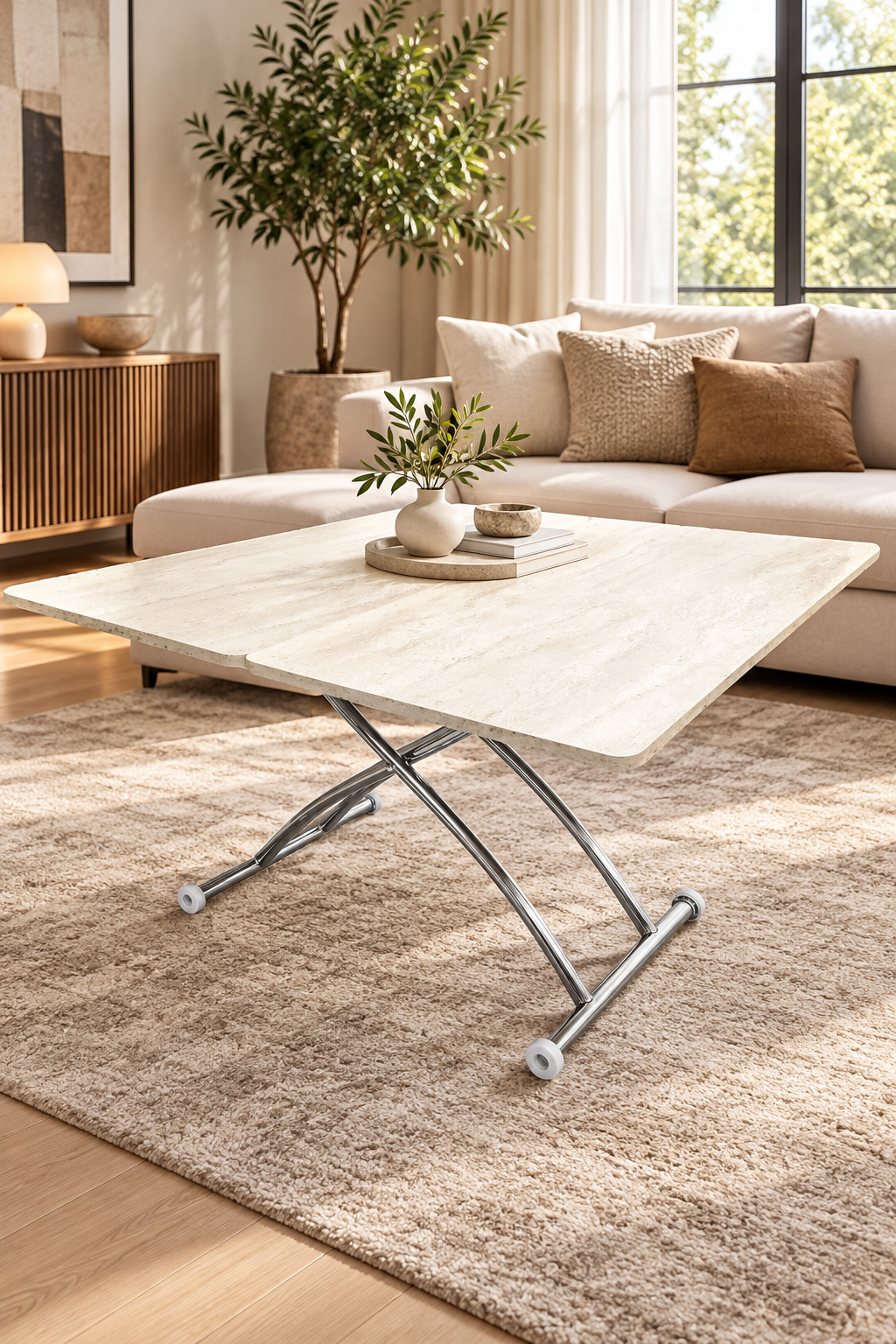 Juppo Smart Coffee Table – Travertine MDF Top & Chrome Outward Curved Metal Leg