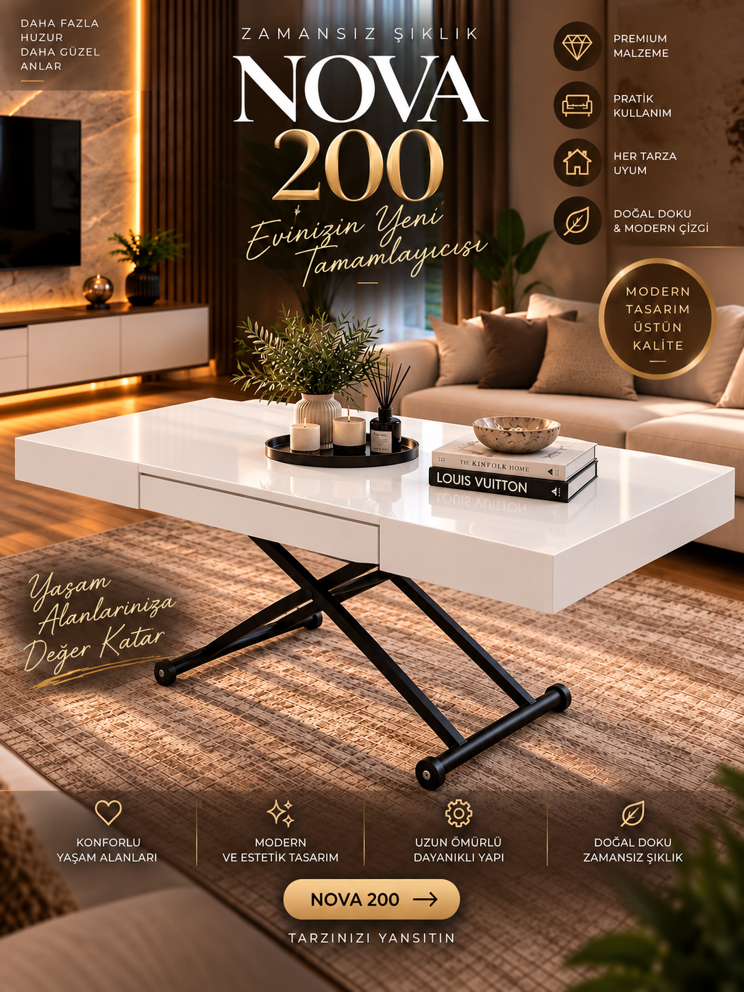 Oval Side-Opening Smart Table | Travertine MDF & Black