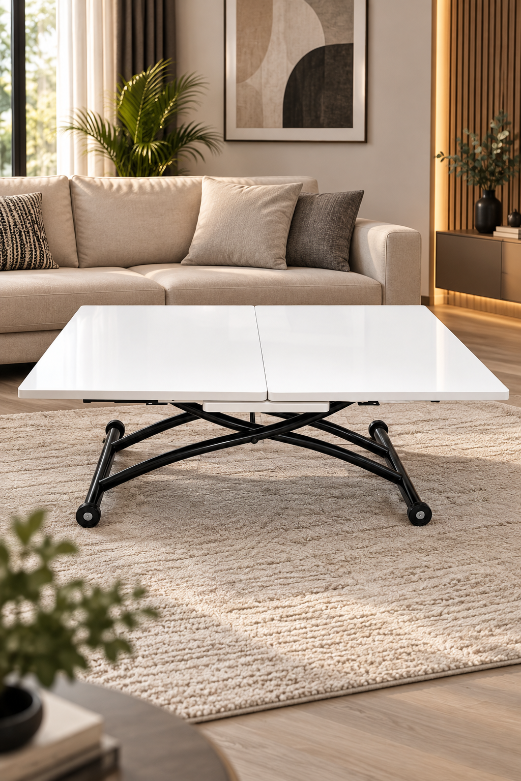 Center Opening Square Smart Table | White Marble MDF & Black