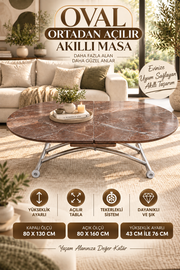 Ortadan Açılır Oval Akıllı Masa | VişneMermer MDF & Krom
