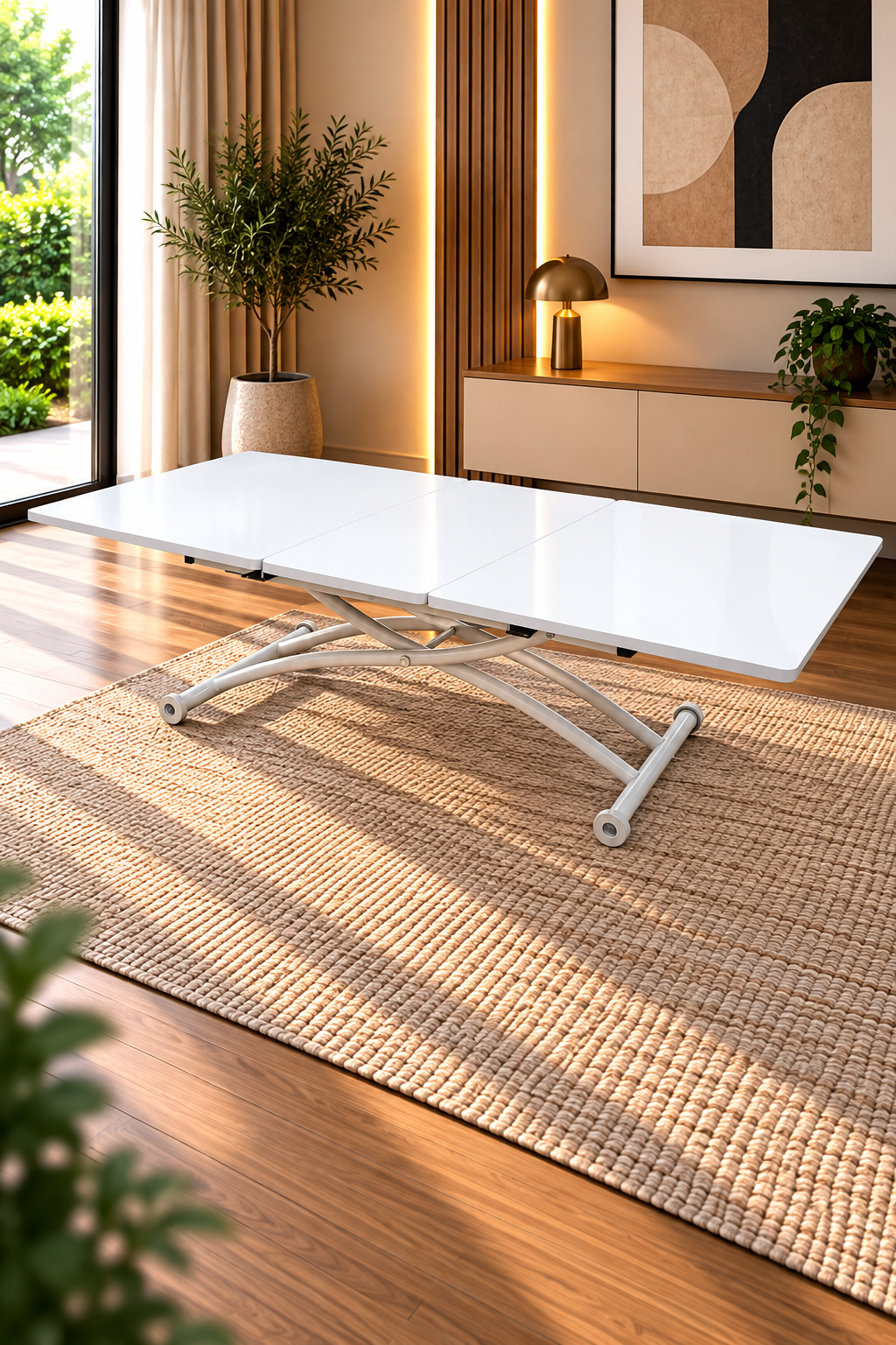 Square Smart Table with Central Opening | White Marble MDF & White