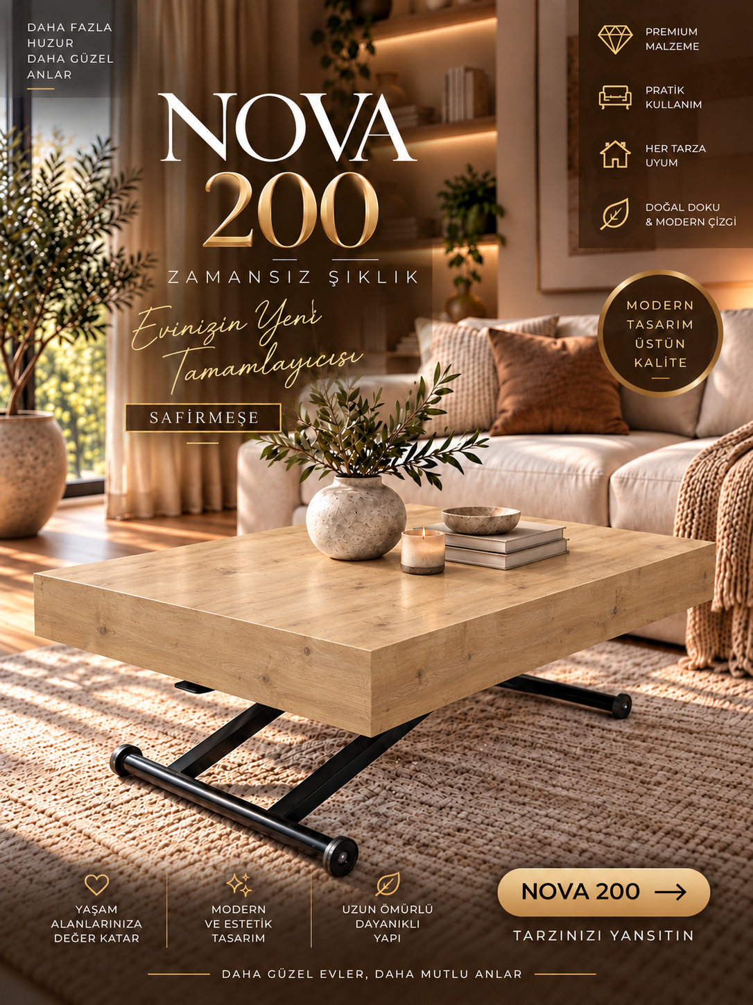 Oval Side-Opening Smart Table | Travertine MDF & Black