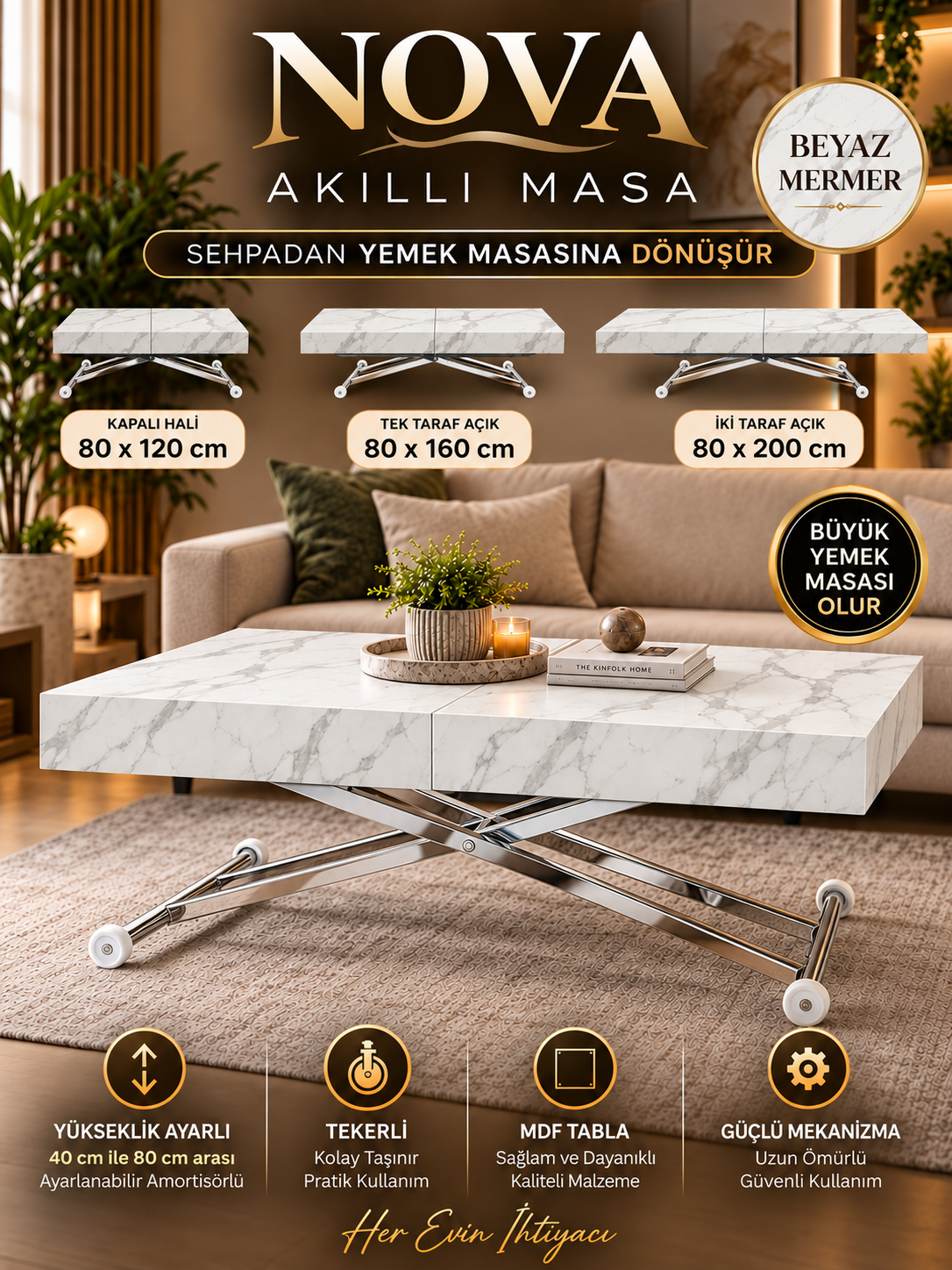 Oval Side-Opening Smart Table | Travertine MDF & Black