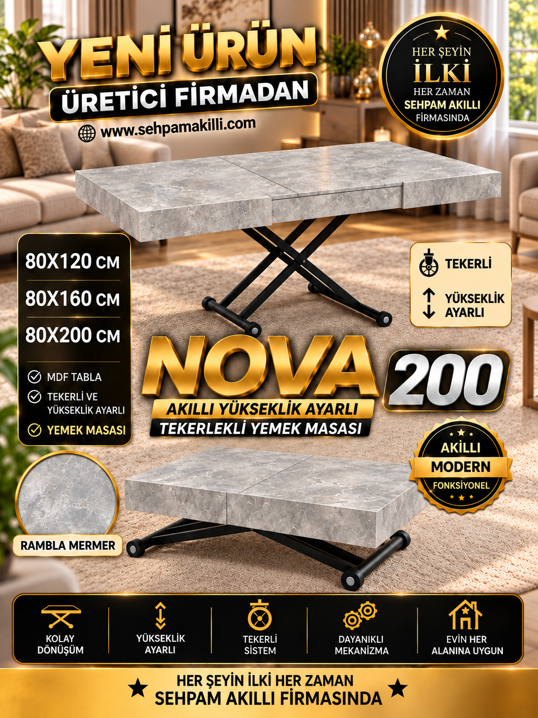 Oval Side-Opening Smart Table | Travertine MDF & Black