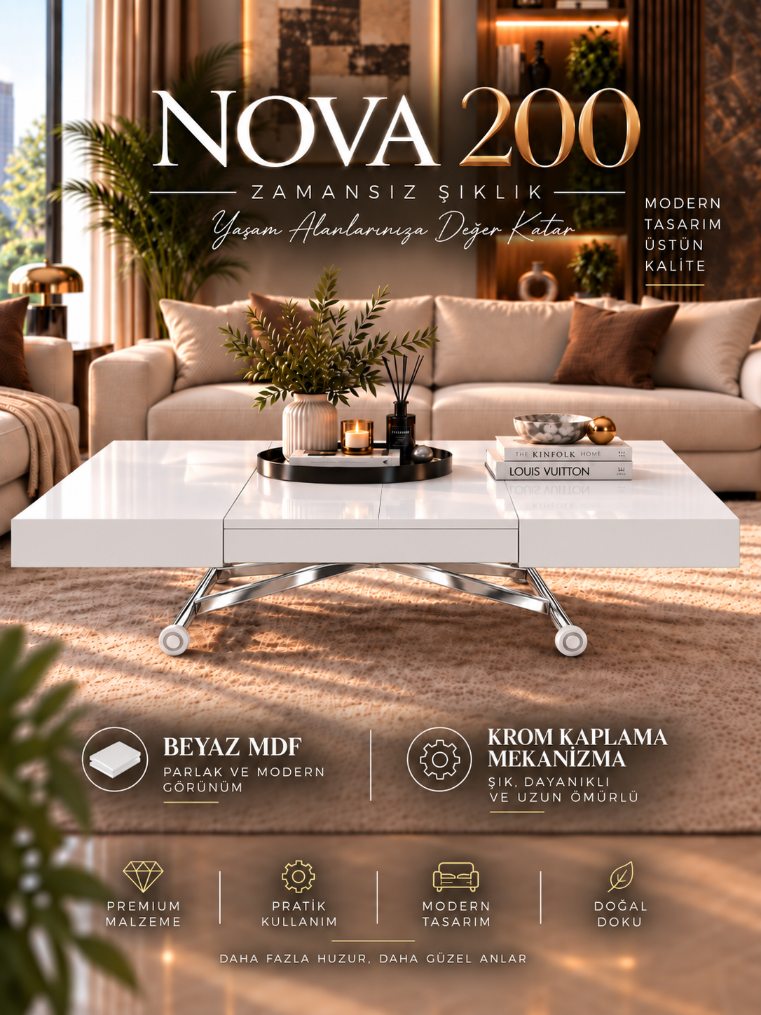 Oval Side-Opening Smart Table | Travertine MDF & Black