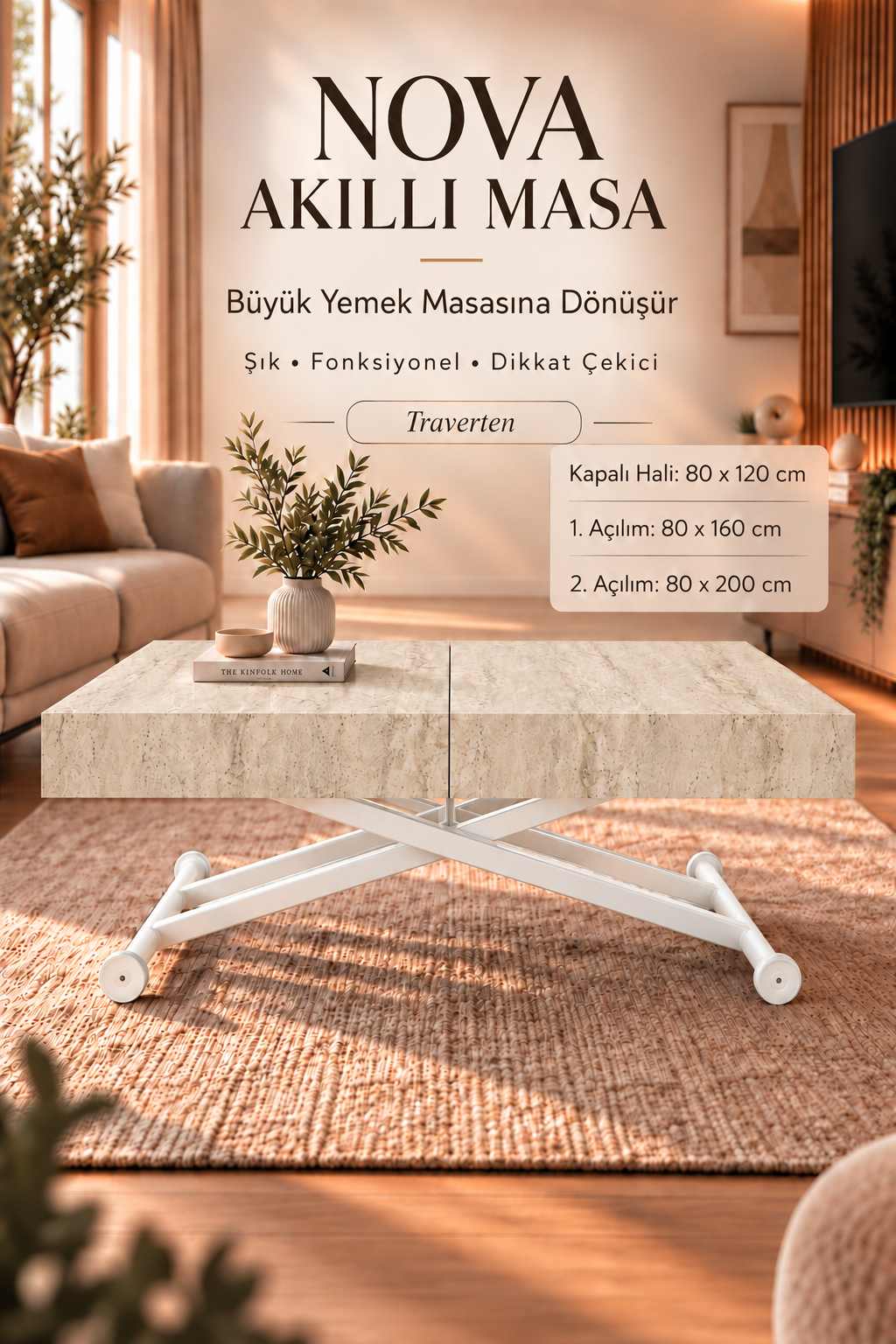Oval Side-Opening Smart Table | Travertine MDF & Black