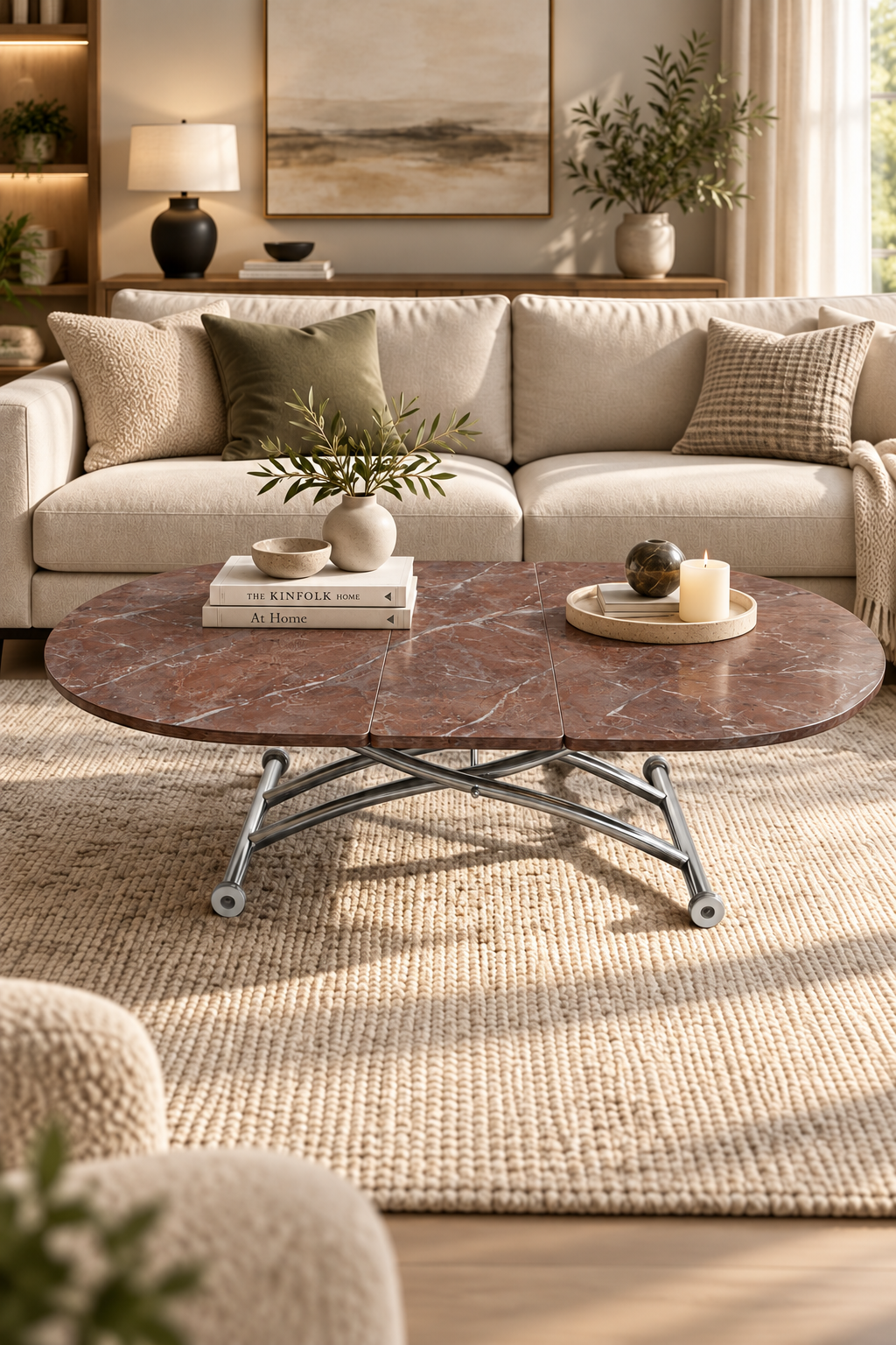 Ortadan Açılır Oval Akıllı Masa | VişneMermer MDF & Krom