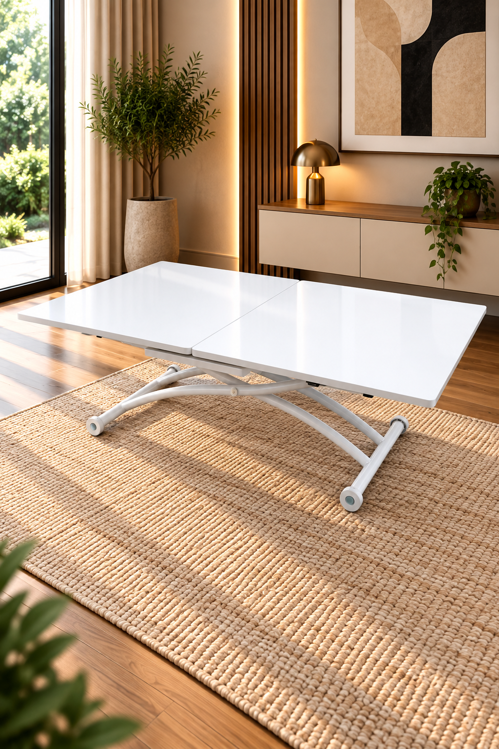 Square Smart Table with Central Opening | White Marble MDF & White