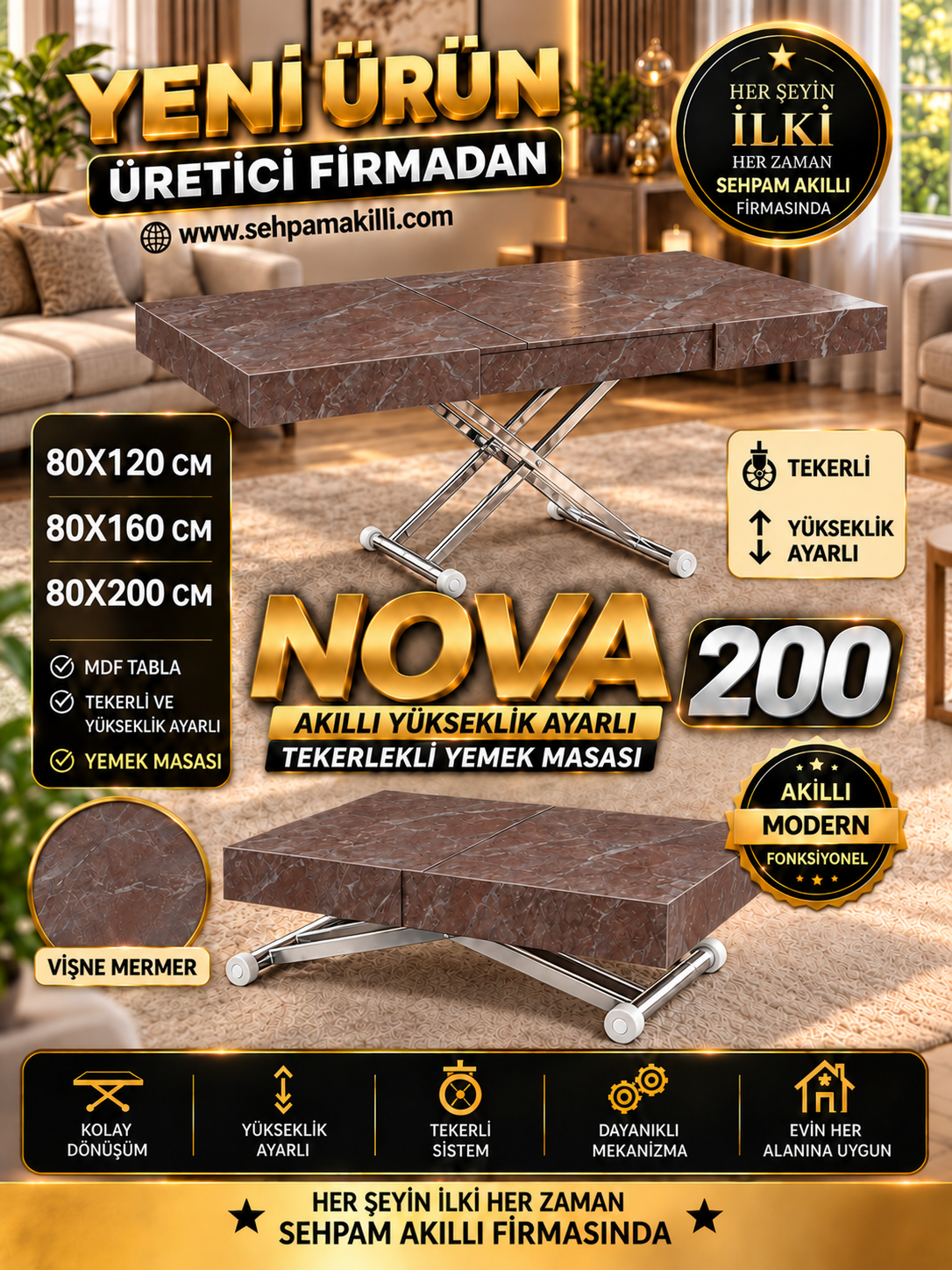 Oval Side-Opening Smart Table | Travertine MDF & Black