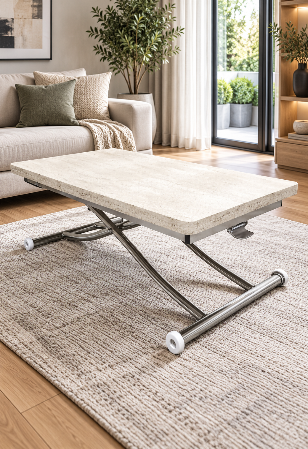 Juppo Smart Coffee Table – Travertine MDF Top & Chrome Metal Legs