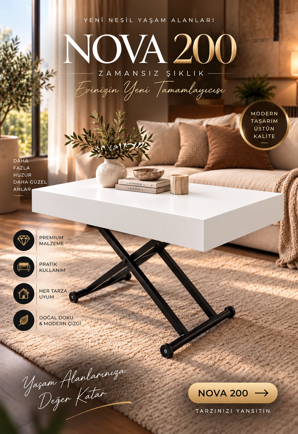 Oval Side-Opening Smart Table | Travertine MDF & Black