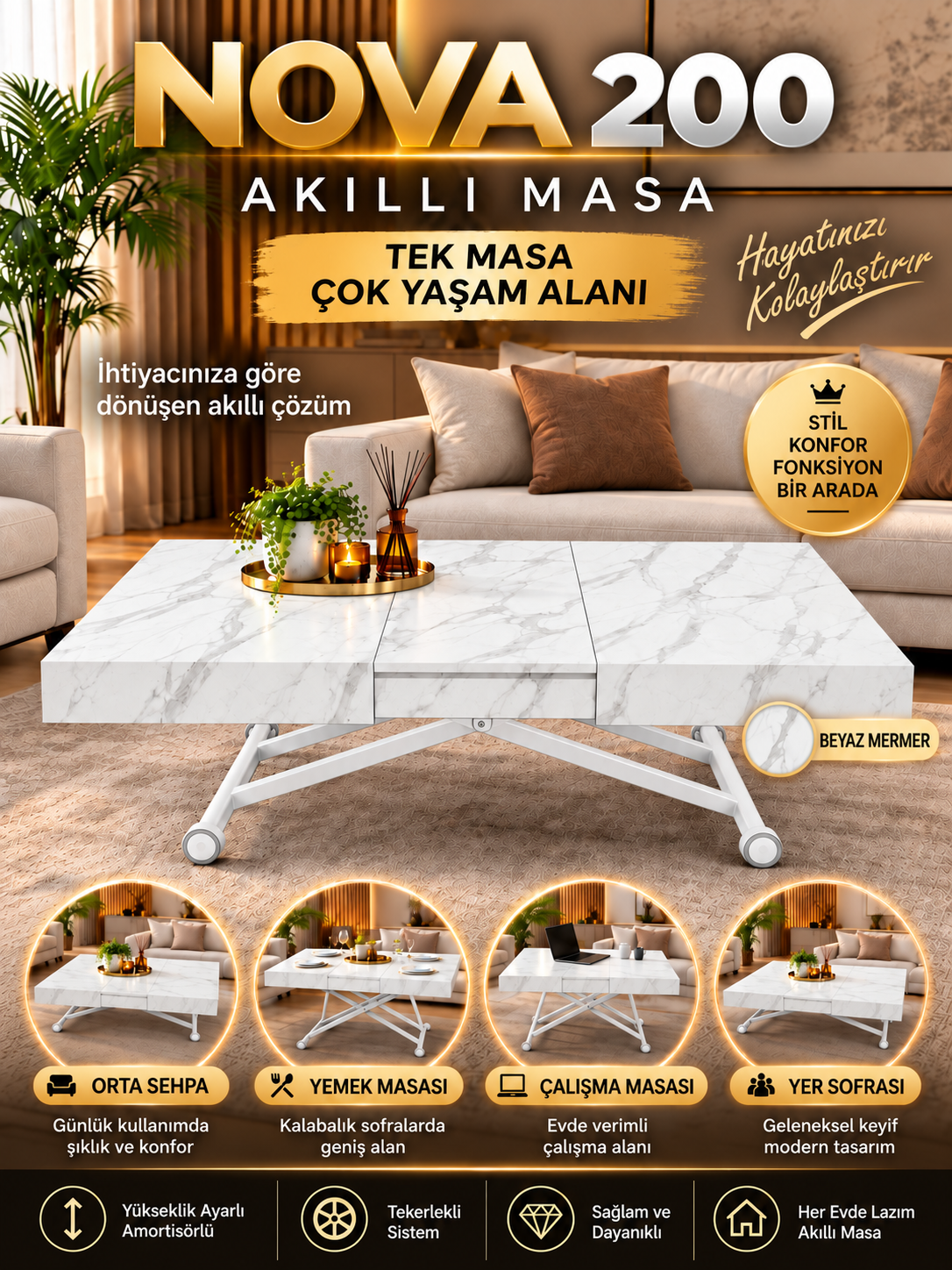 Oval Side-Opening Smart Table | Travertine MDF & Black
