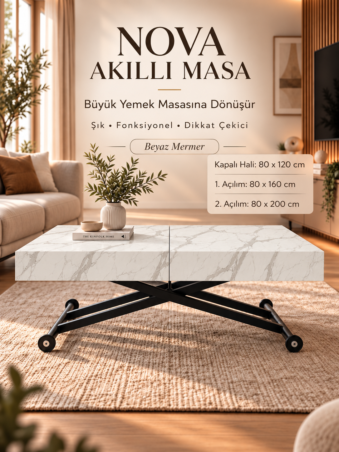 Oval Side-Opening Smart Table | Travertine MDF & Black