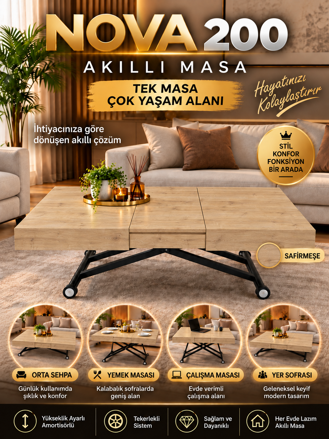 Oval Side-Opening Smart Table | Travertine MDF & Black