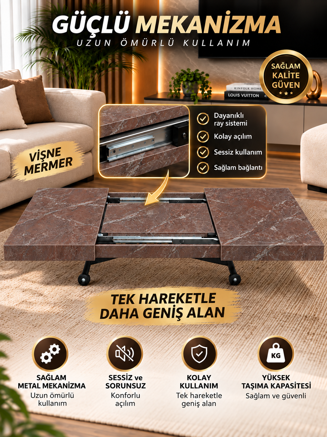 Oval Side-Opening Smart Table | Travertine MDF & Black