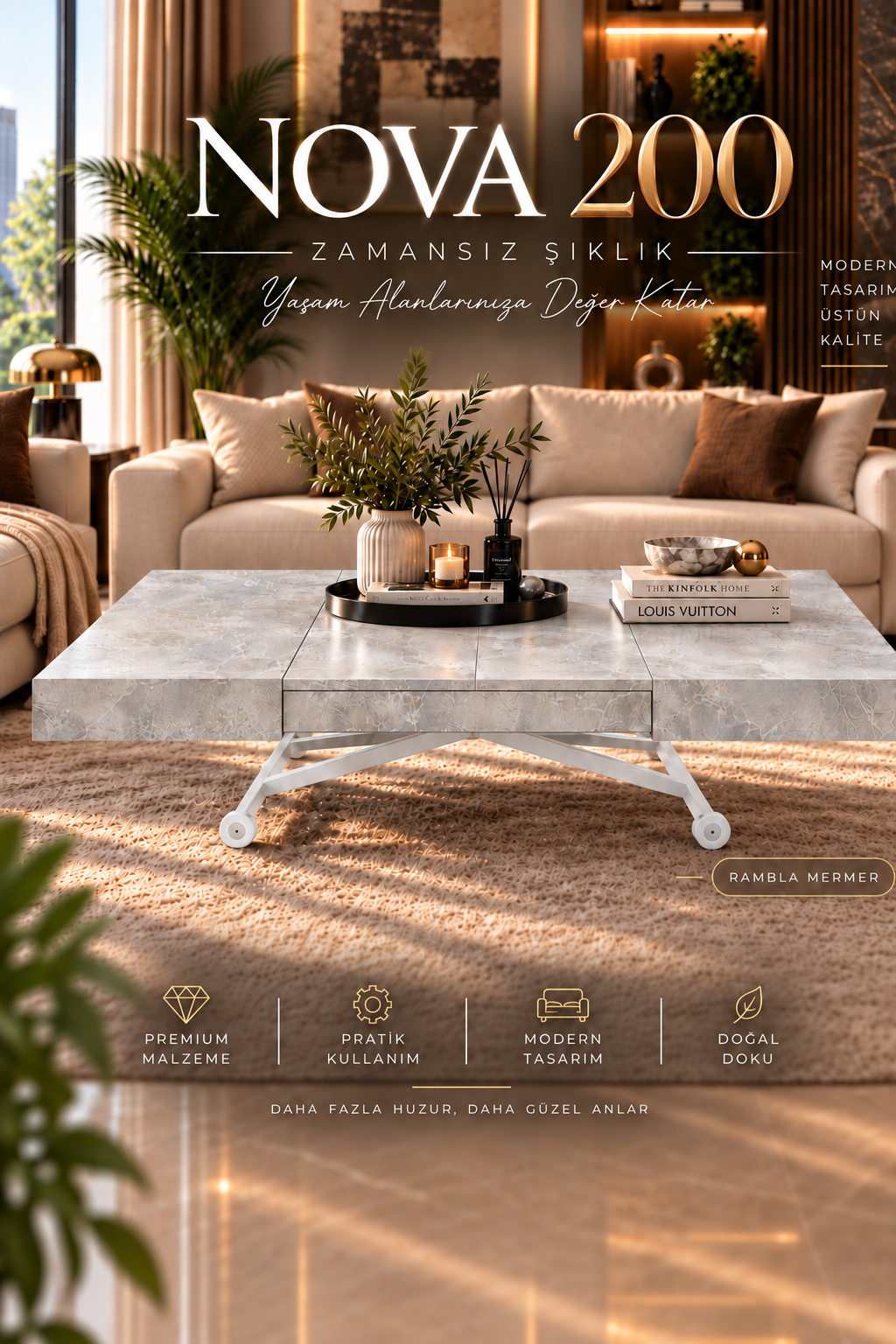 Oval Side-Opening Smart Table | Travertine MDF & Black