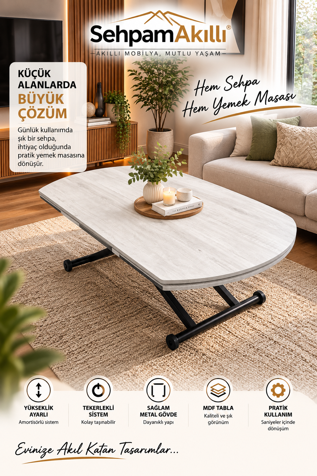 Oval Yan Baştan Açılır Akıllı Masa | Lizbon MDF & Siyah