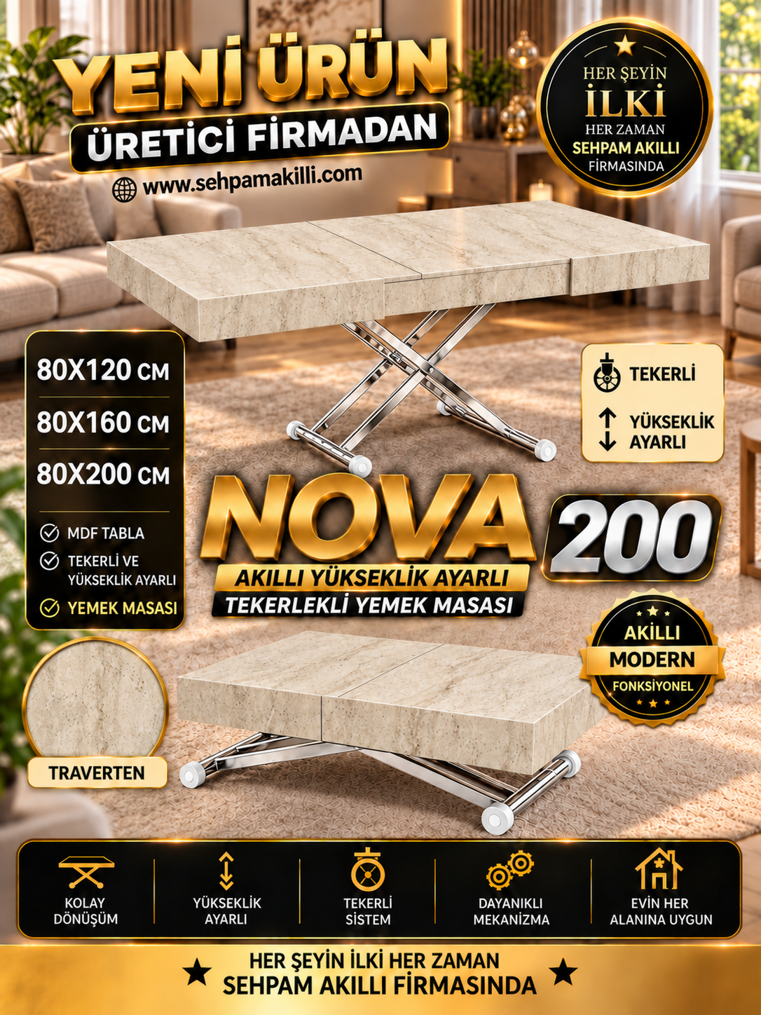 Oval Side-Opening Smart Table | Travertine MDF & Black