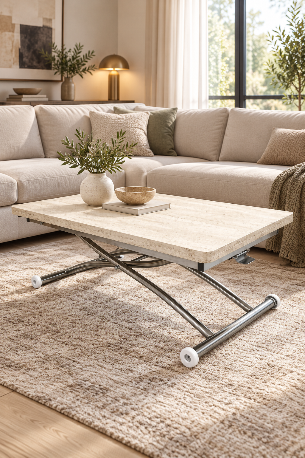 Juppo Smart Coffee Table – Travertine MDF Top & Chrome Outward Curved Metal Leg