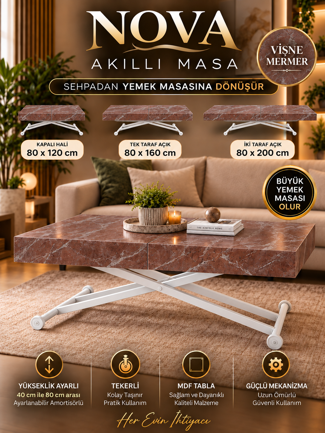 Oval Side-Opening Smart Table | Travertine MDF & Black