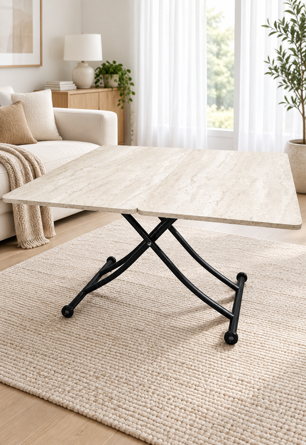 Juppo Smart Coffee Table – Travertine MDF Top & Black Metal Legs