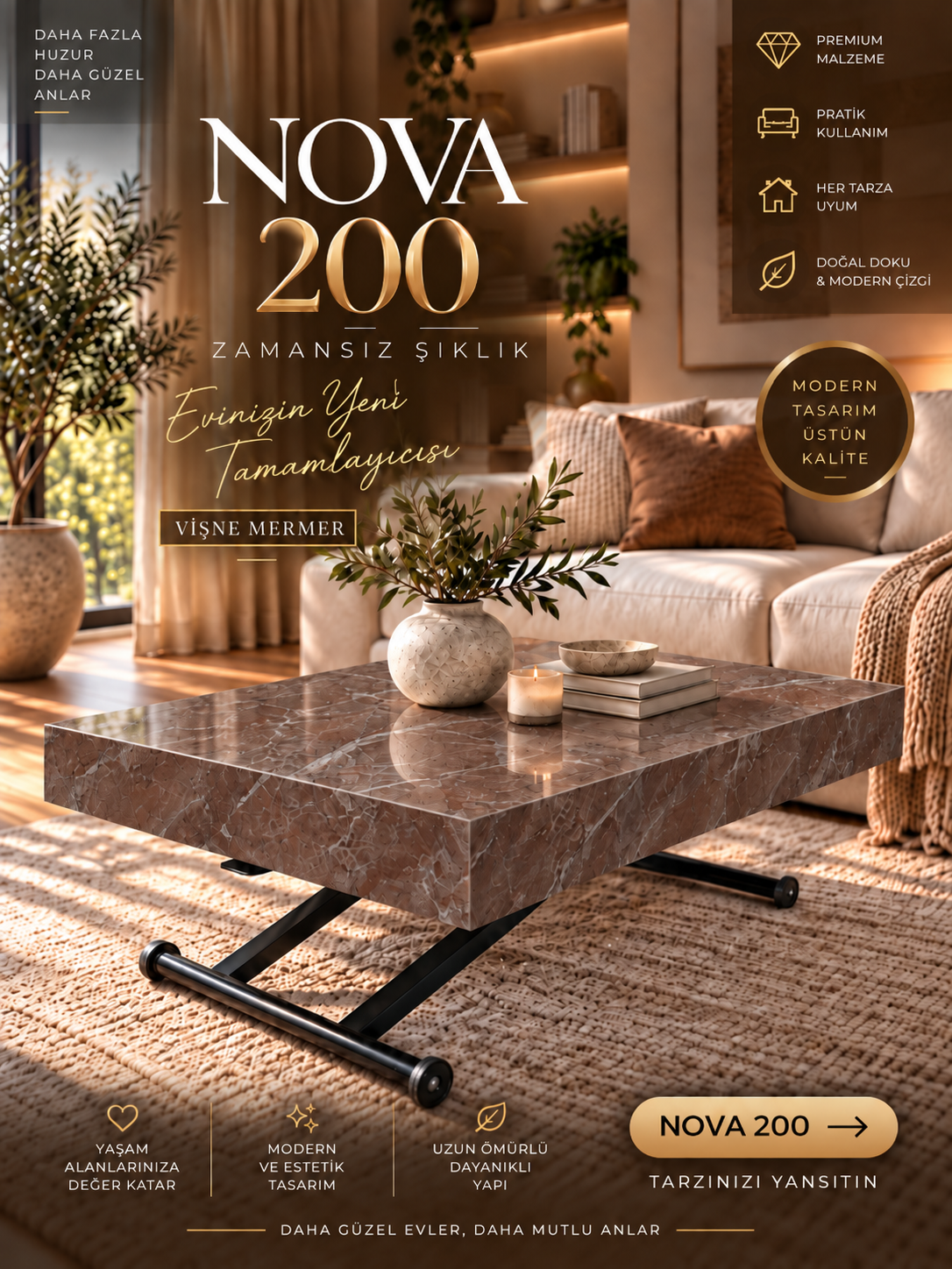Oval Side-Opening Smart Table | Travertine MDF & Black