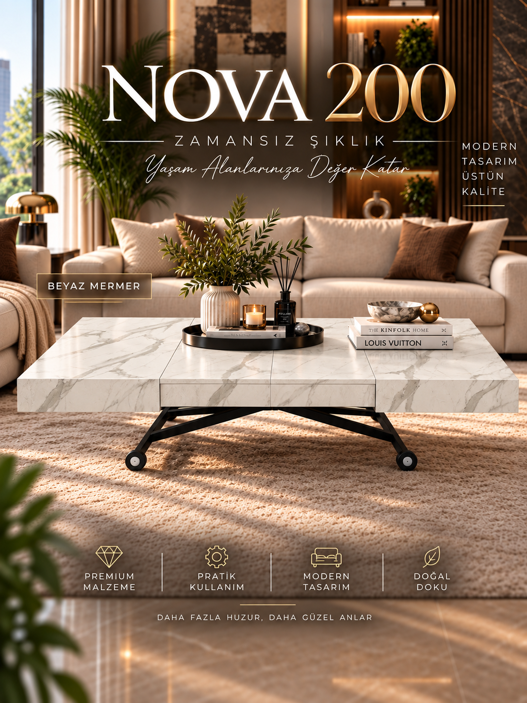 Oval Side-Opening Smart Table | Travertine MDF & Black