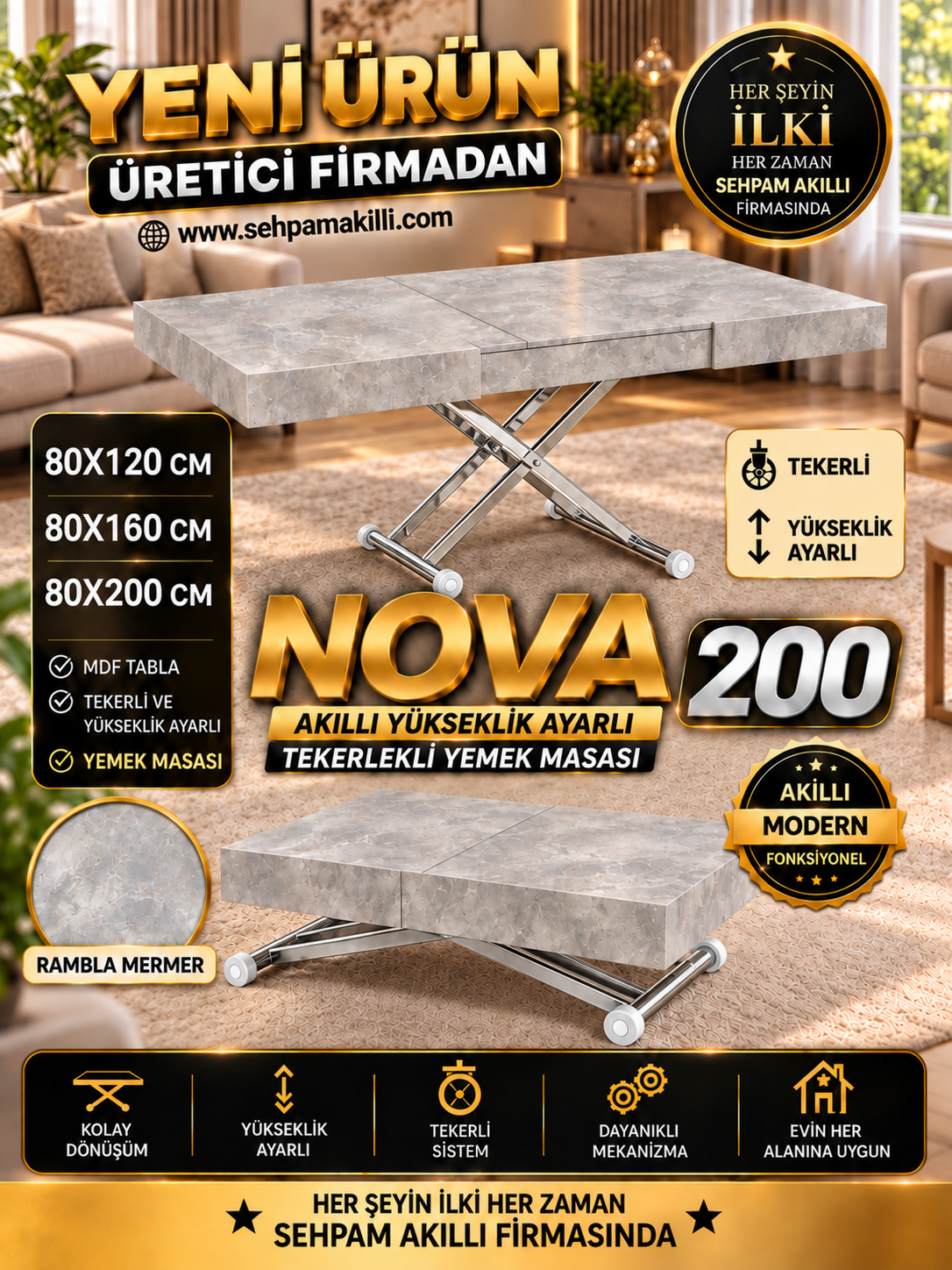 Oval Side-Opening Smart Table | Travertine MDF & Black