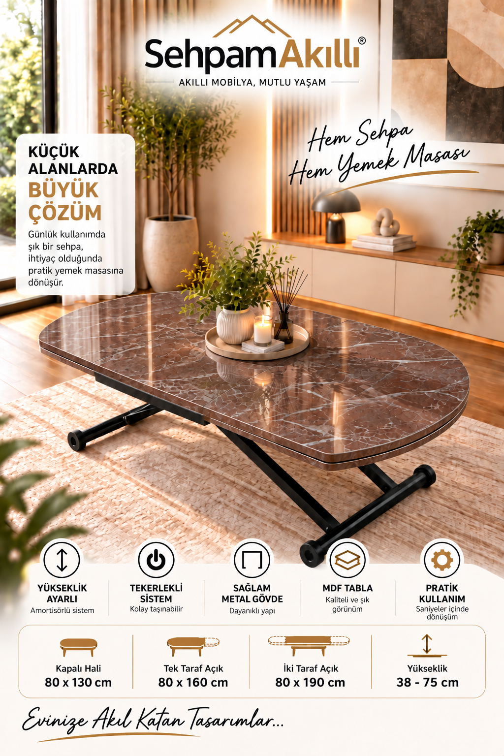 Oval Yan Baştan Açılır Akıllı Masa |VişneMermer  & Siyah