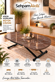 Oval Yan Baştan Açılır Akıllı Masa |VişneMermer  & Siyah