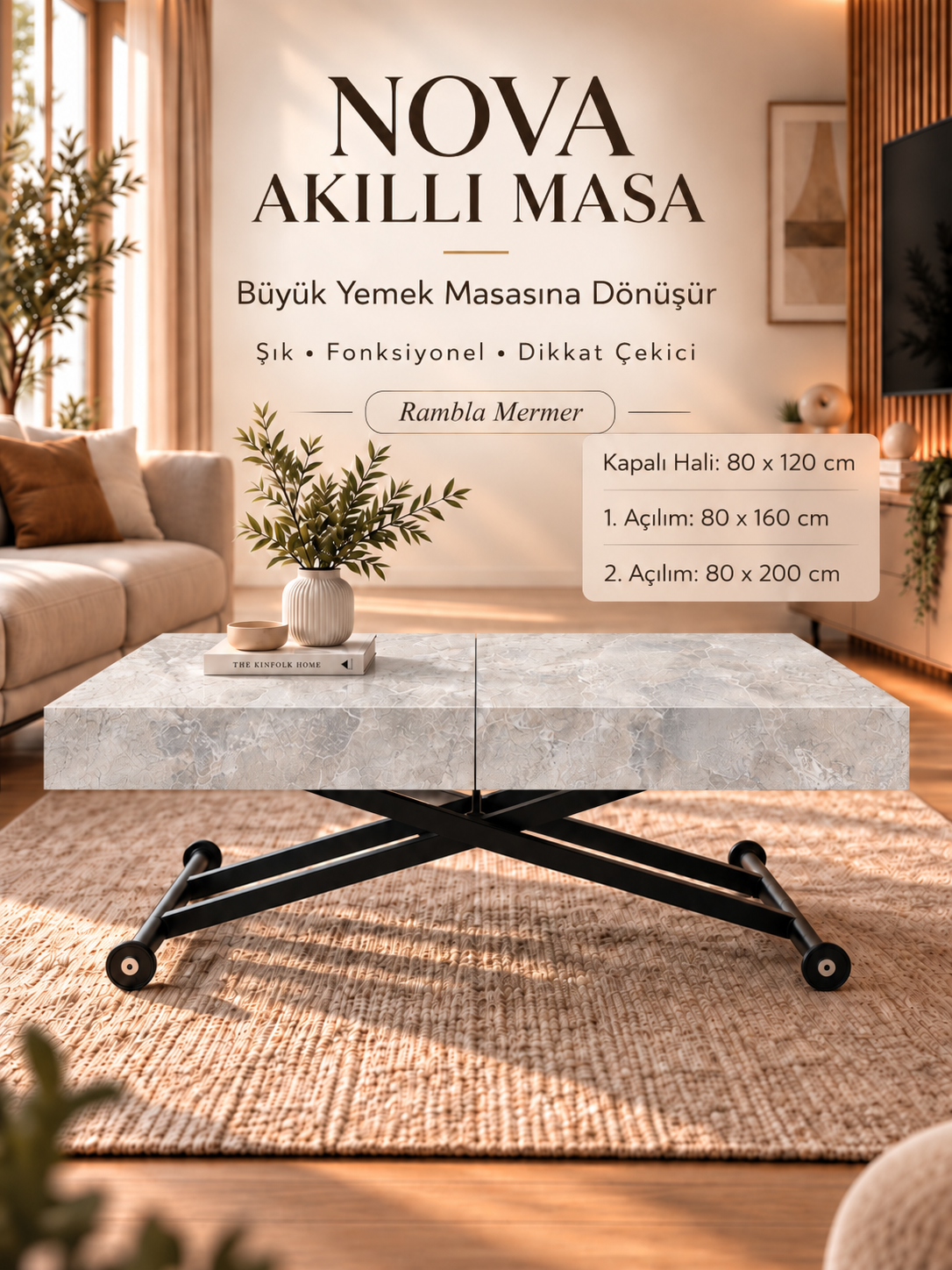 Oval Side-Opening Smart Table | Travertine MDF & Black