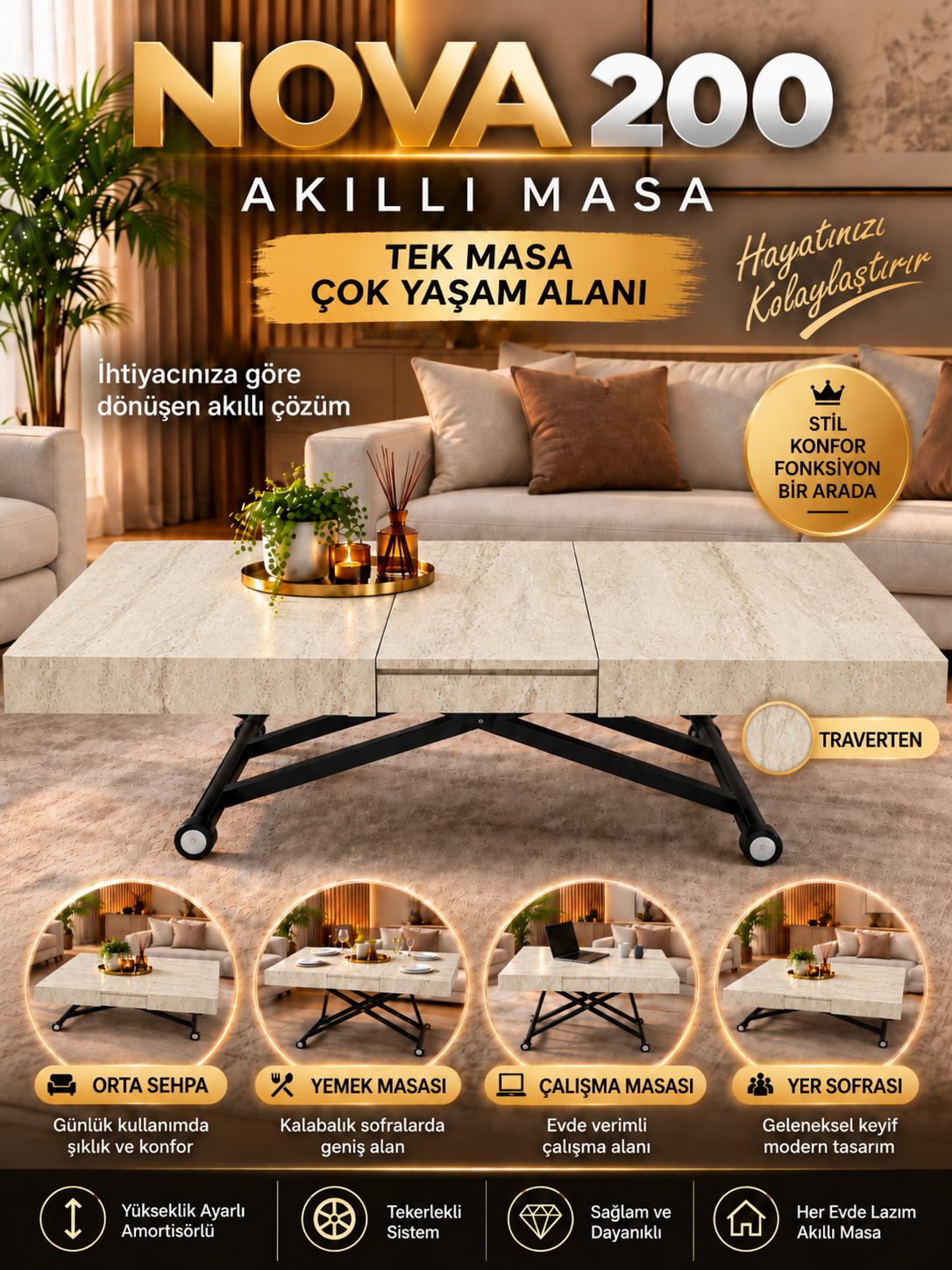 Oval Side-Opening Smart Table | Travertine MDF & Black