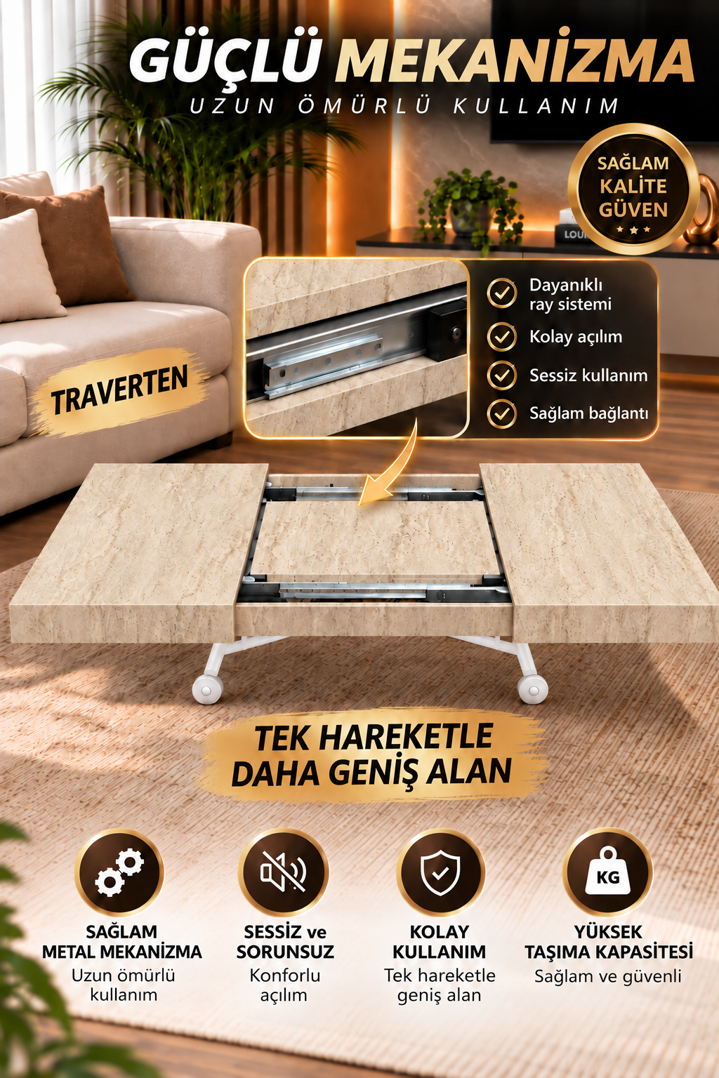 Oval Side-Opening Smart Table | Travertine MDF & Black