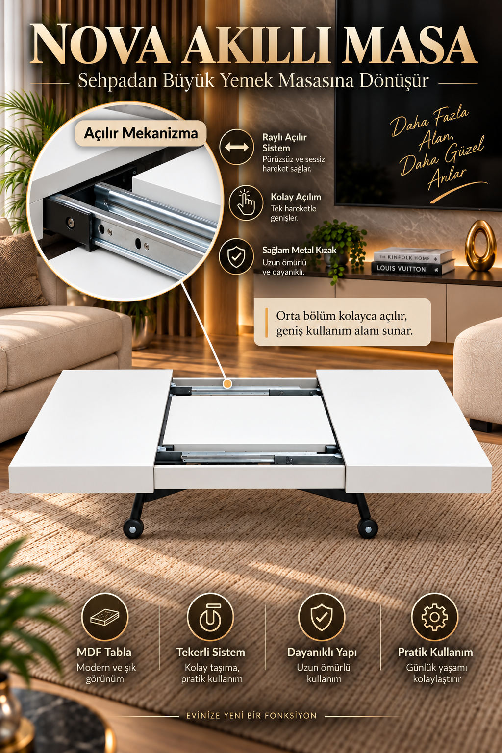 Oval Side-Opening Smart Table | Travertine MDF & Black
