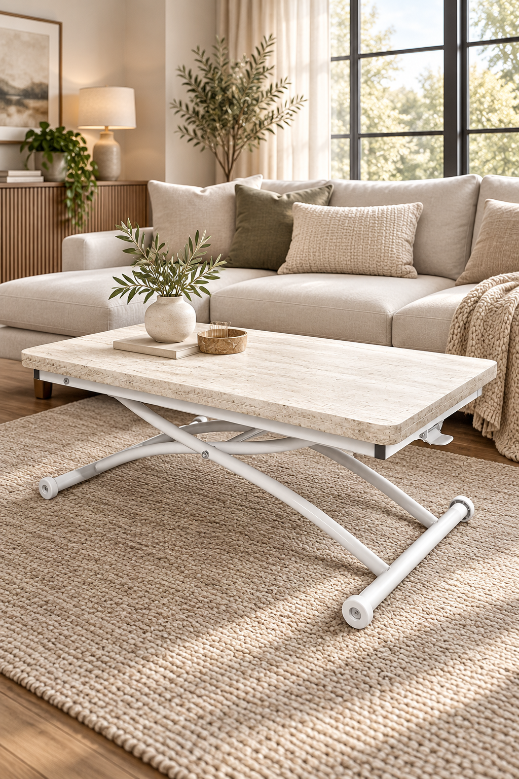 Juppo Smart Coffee Table – Travertine MDF Top & White Outwardly Curved Metal Legs