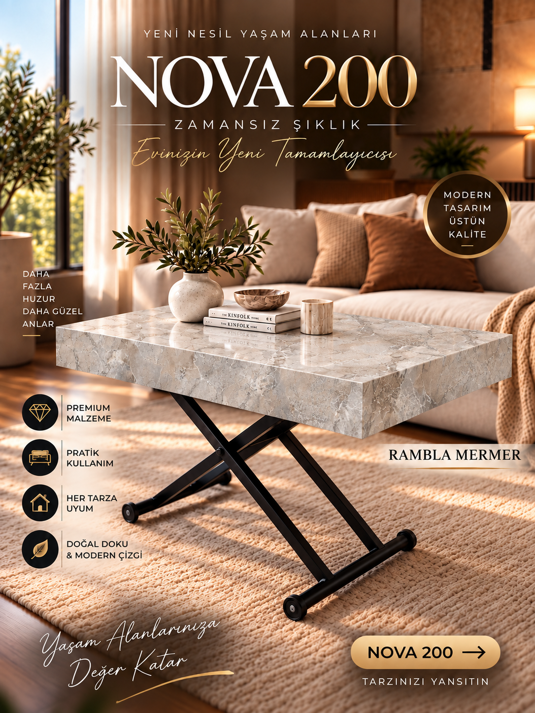Oval Side-Opening Smart Table | Travertine MDF & Black