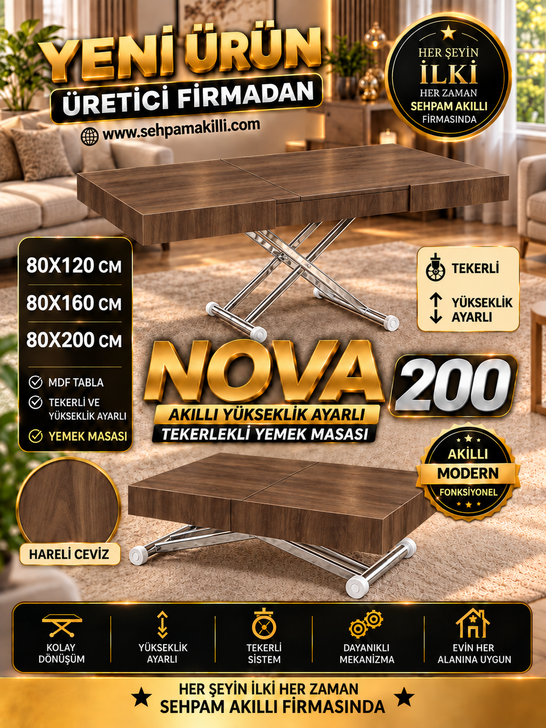 Oval Side-Opening Smart Table | Travertine MDF & Black