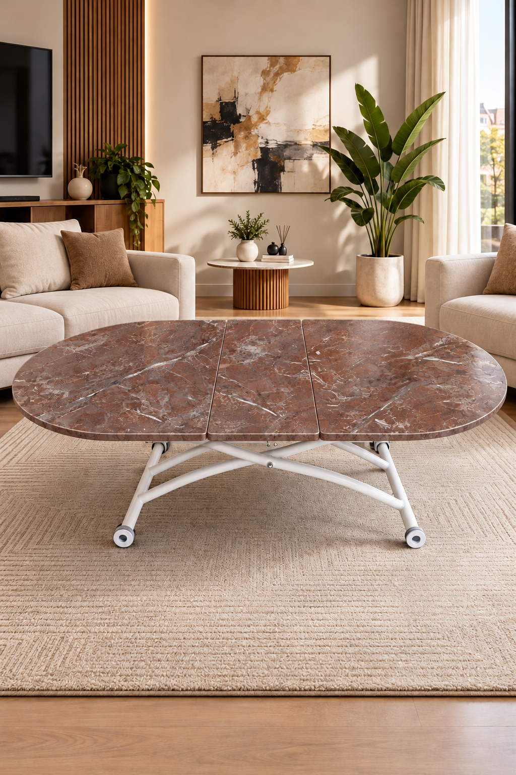 Ortadan Açılır Oval Akıllı Masa | VişneMermer MDF & Beyaz