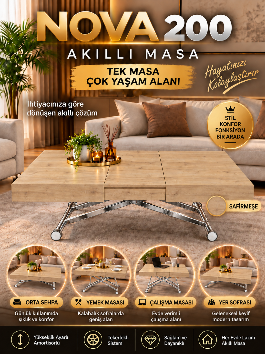 Oval Side-Opening Smart Table | Travertine MDF & Black