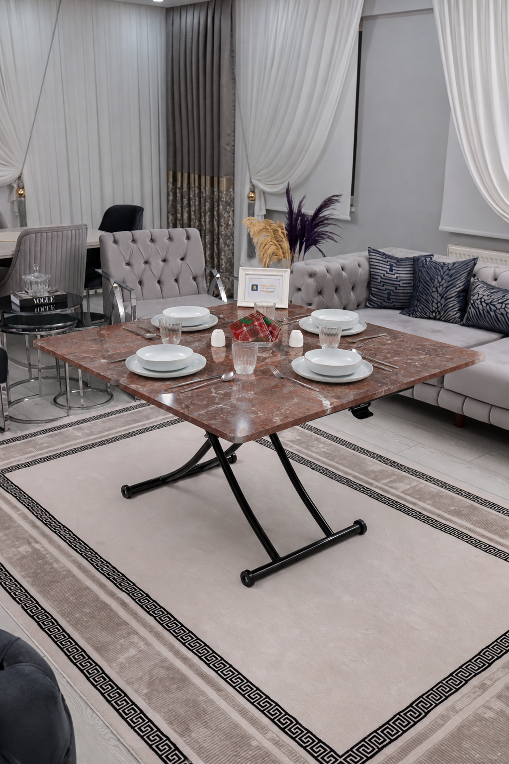 Juppo Akıllı Sehpa – VişneMermer MDF Üst & Siyah İçe Kıvrım Metal Ayak