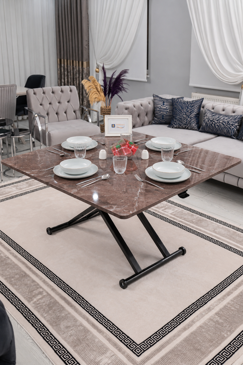 Home Akıllı Sehpa – VişneMermer MDF Üst & Siyah Metal Ayak