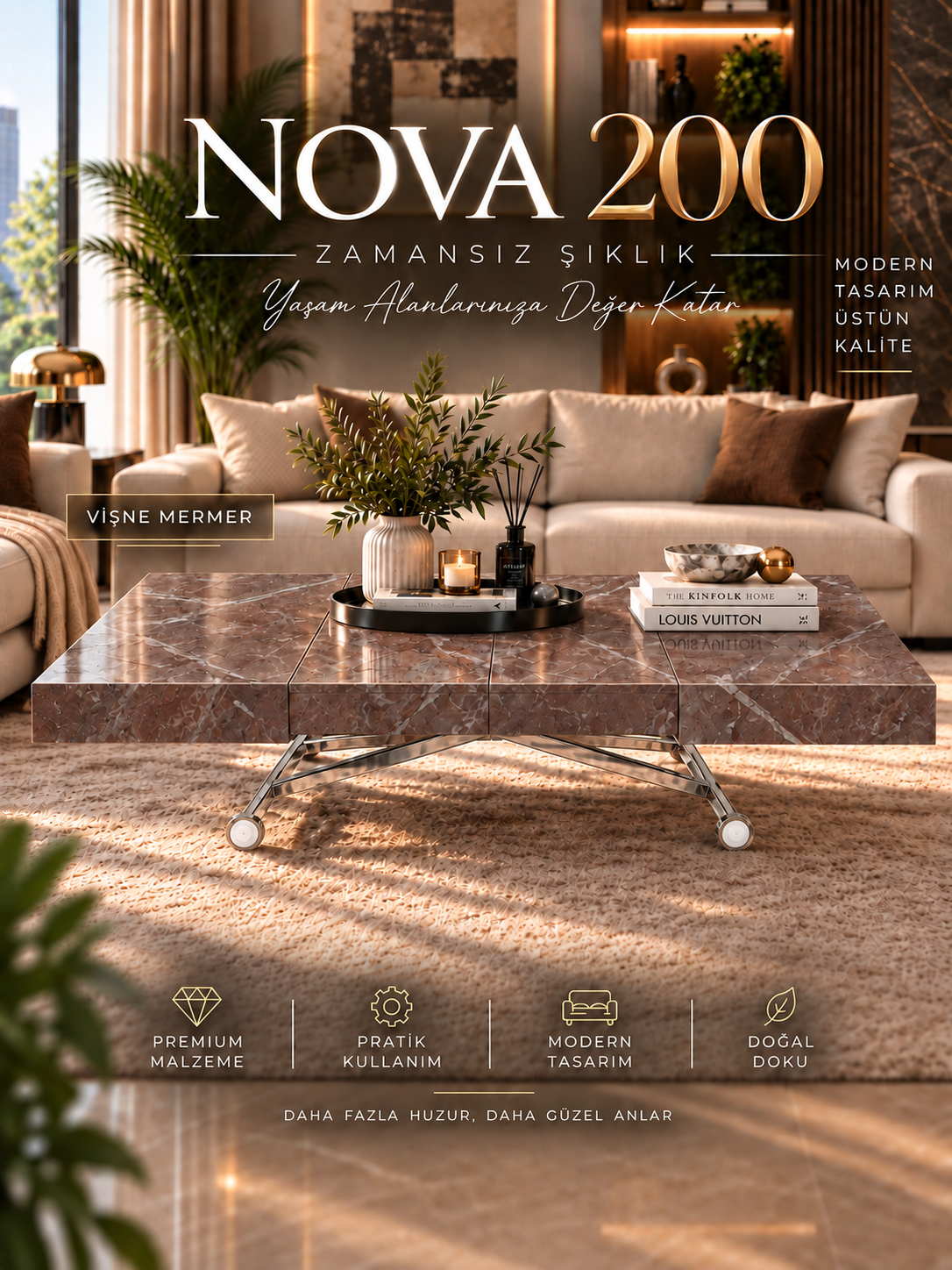 Oval Side-Opening Smart Table | Travertine MDF & Black